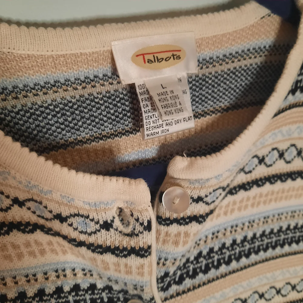 VNTG SZ LTalbots Cream/Black Striped Knit Cardigan, Cottagecore, Grandmacore - Picture 3 of 4